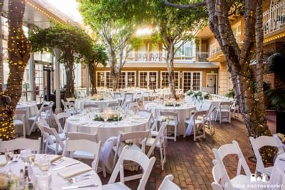 Wedding reception setup in the courtyard at Horton Grand Hotel