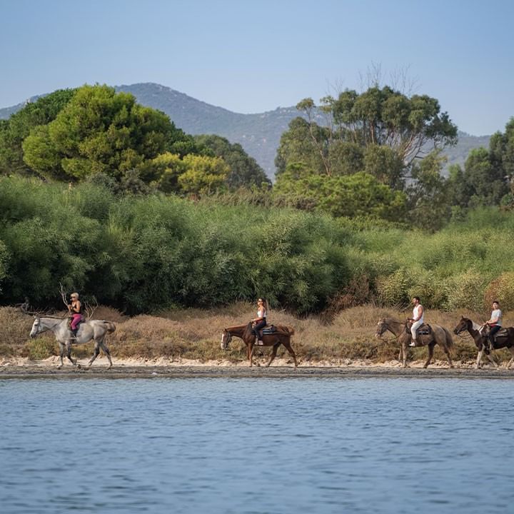 Gruppo di persone a cavallo lungo un lago con vegetazione e colline sullo sfondo.