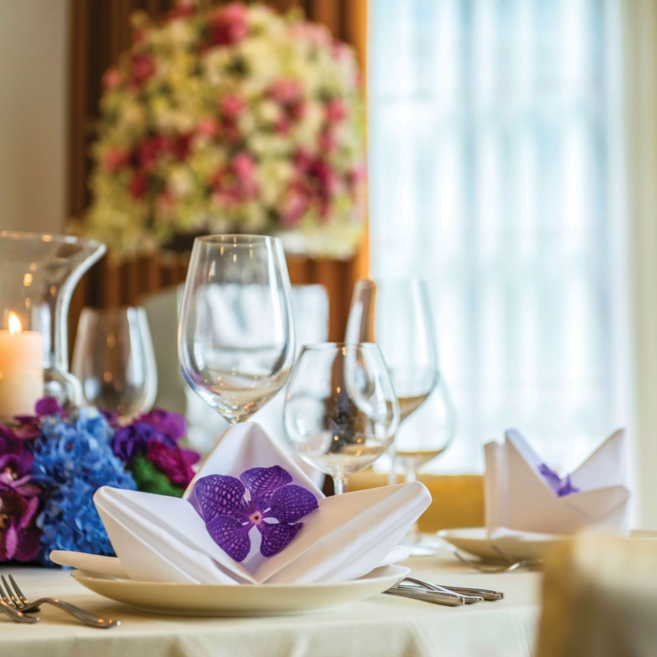 Close-up of banquet table decor at Chatrium Residence Sathon