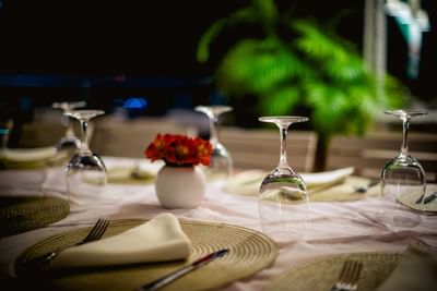 Elegant table setting with woven placemats, white napkins, wine glasses, and red flower centerpiece at Hotel Montana Haiti