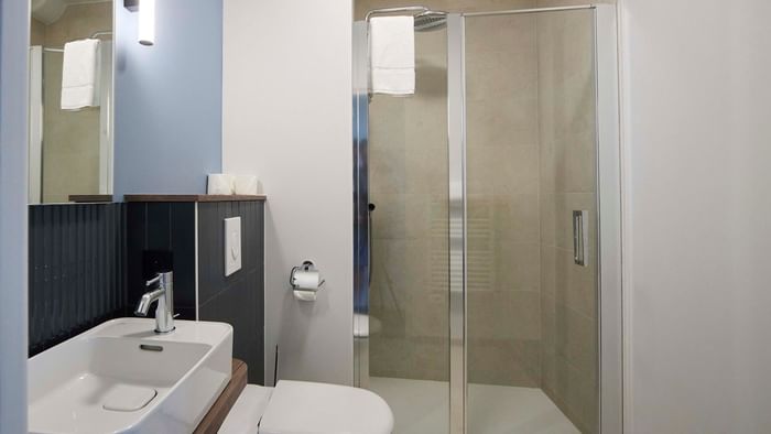 Salle de bains moderne avec douche et WC à Hôtel La Marébaudière.