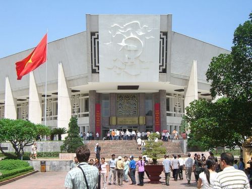 Exterior of Ho Chi Minh Museum entrance with the crowd near Sunway Hotel Hanoi