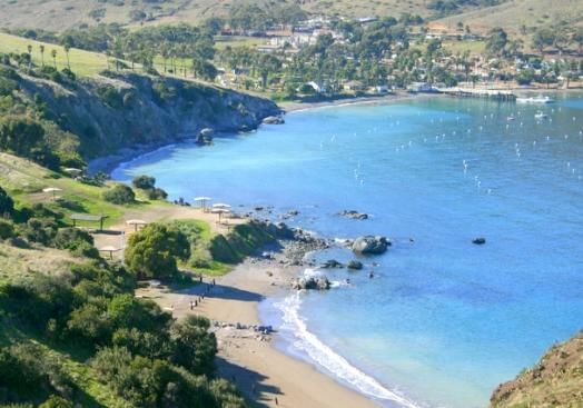 Aerial view of Two Harbors surrounded by green hills near Catalina Island Company