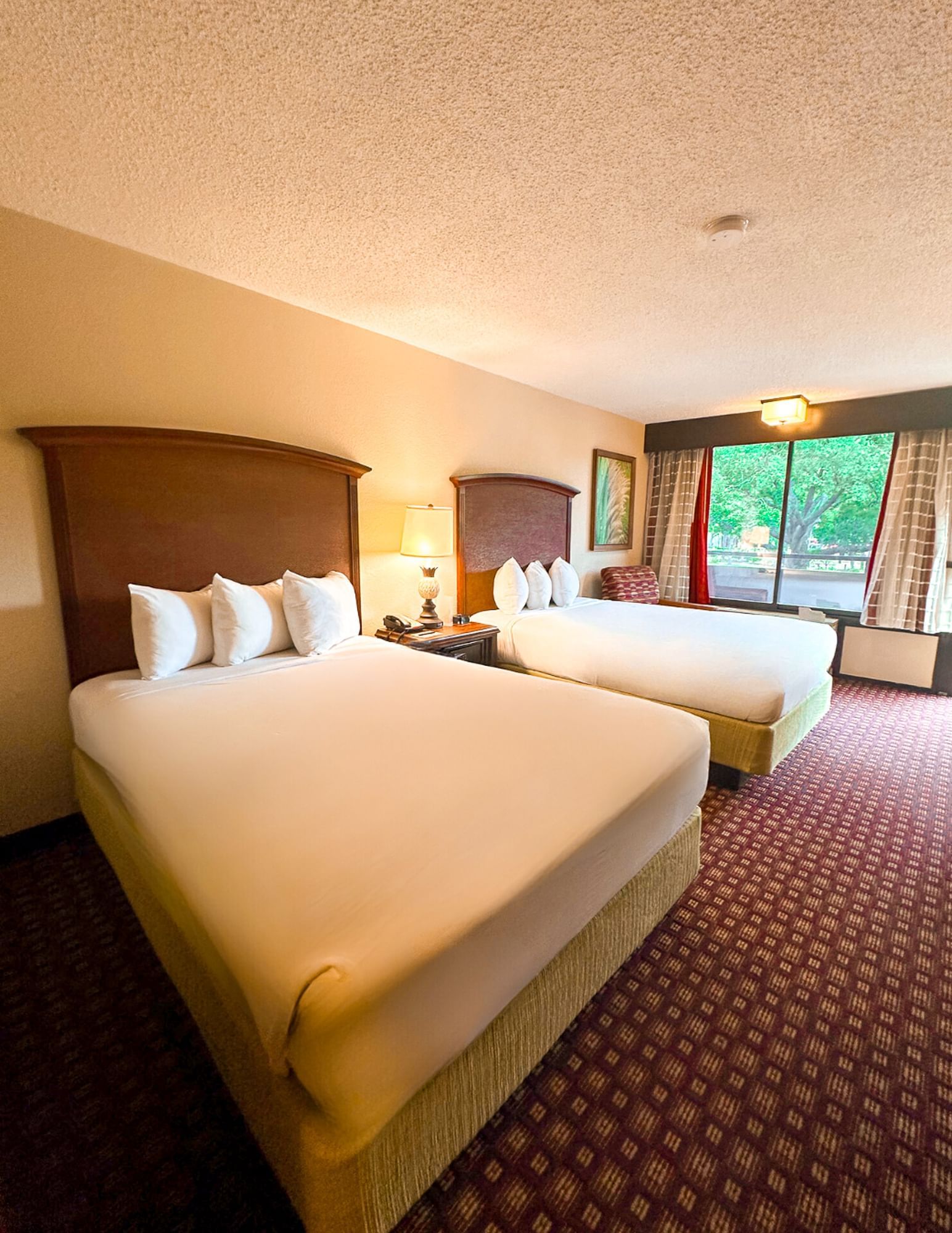 Two beds with white linens and wooden headboards in a hotel room with a window looking out at a large green tree.  