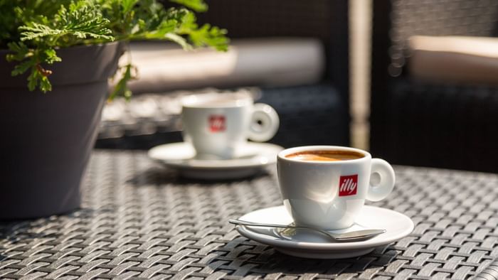 Close up on two coffee cups at Hotel du Chateau