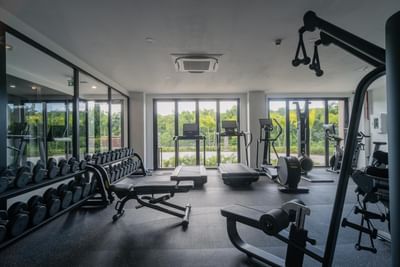 Exercise equipment's with lush greenery view through the large windows in gym at The Hub Acunmeyda