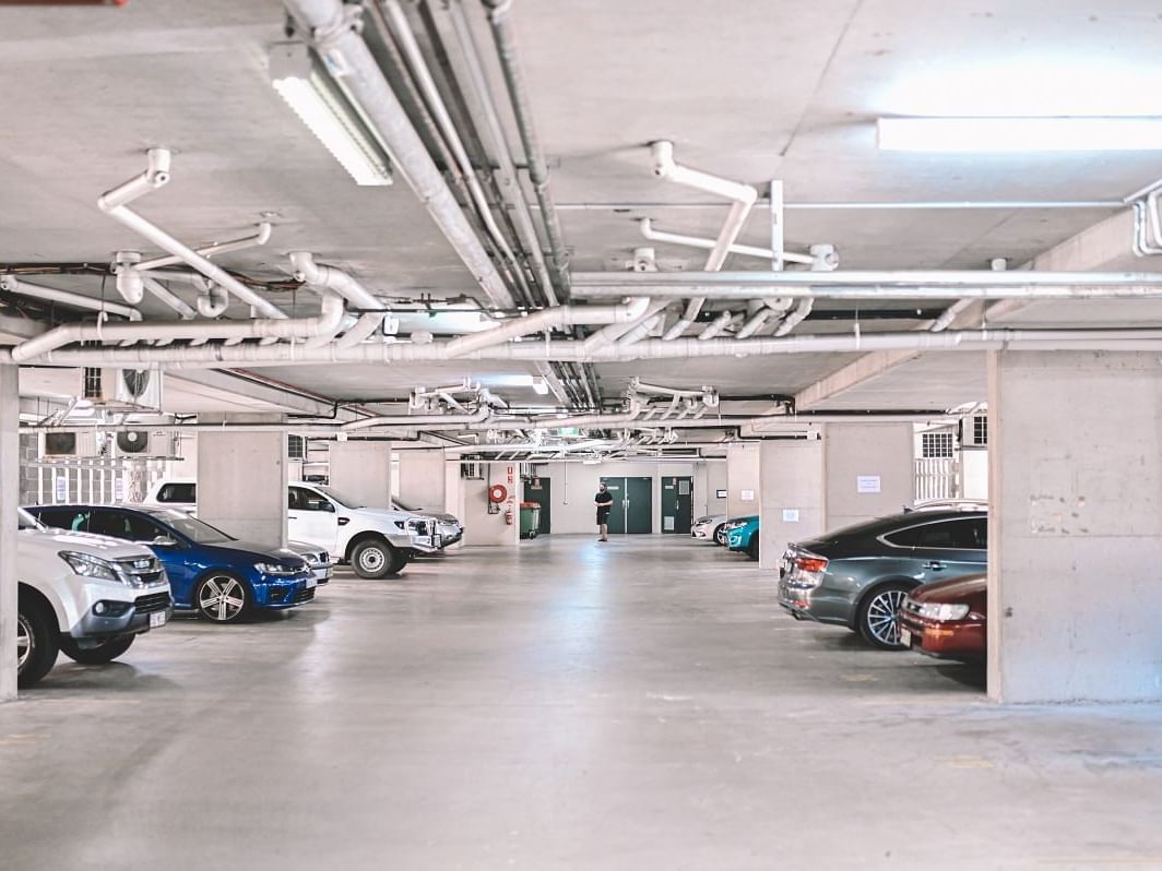 Ground floor car parking area at Nesuto Canberra Apartment Hotel