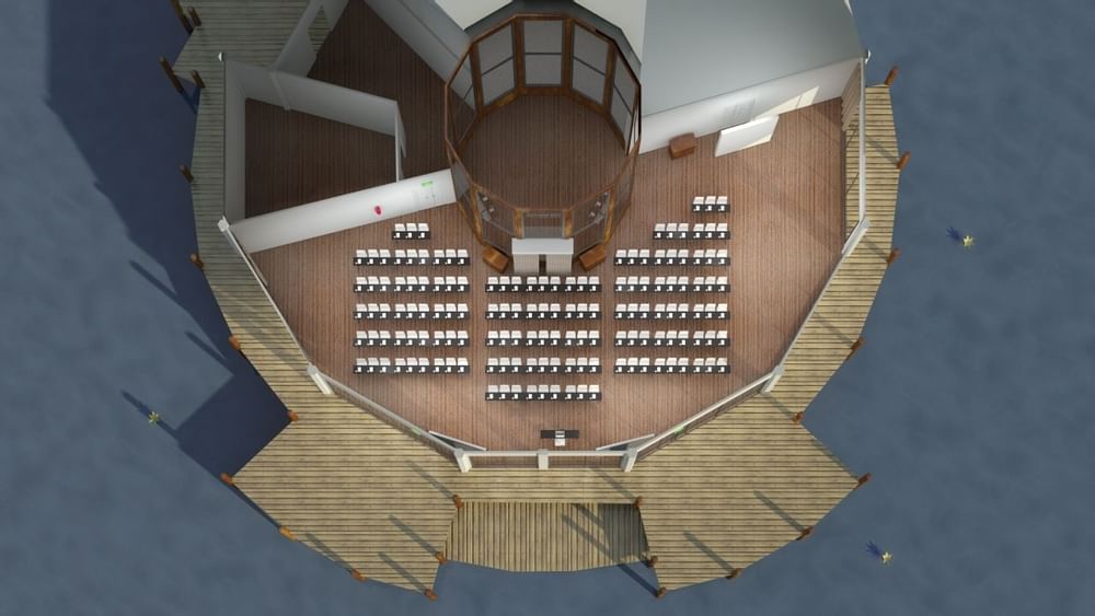 Top-down view of theatre set-up in Lily’s on the Lagoon at Novotel Sunshine Coast Resort