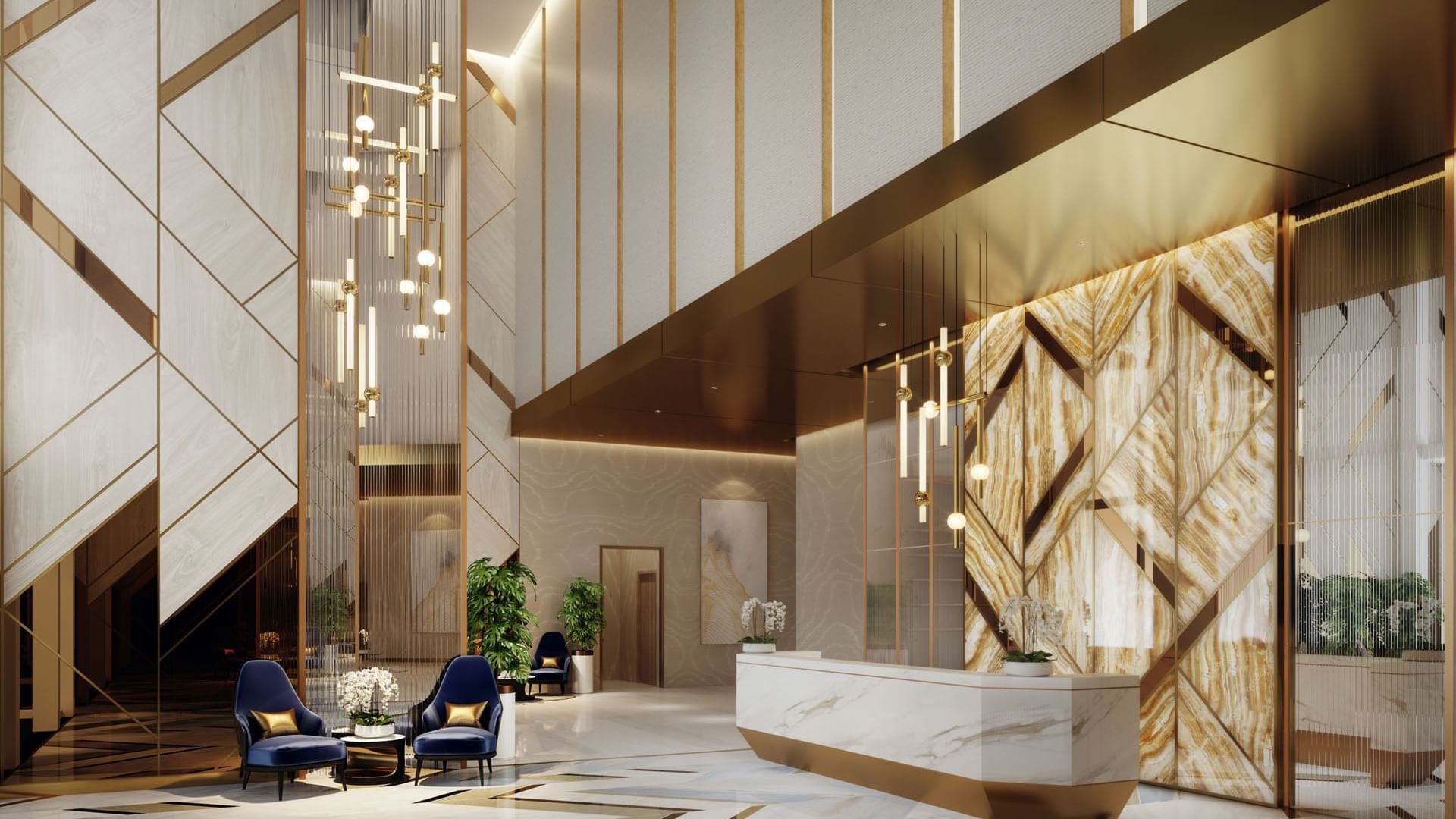 Luxury marbled lobby lounge & front desk at DAMAC Maison Aykon City Hotel Apartments