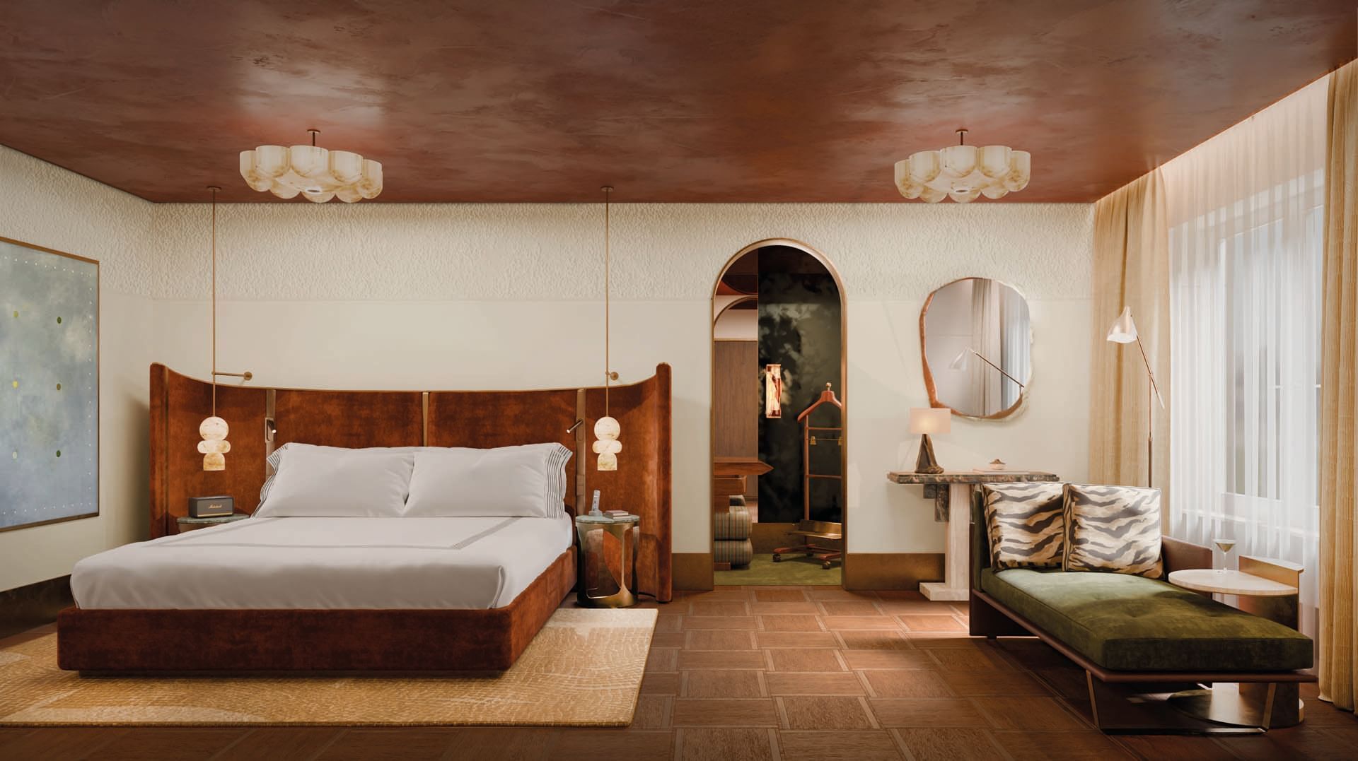 Stylish Penthouse at Thompson Rome by Hyatt with a large bed, modern decor, cozy lounge, and large windows