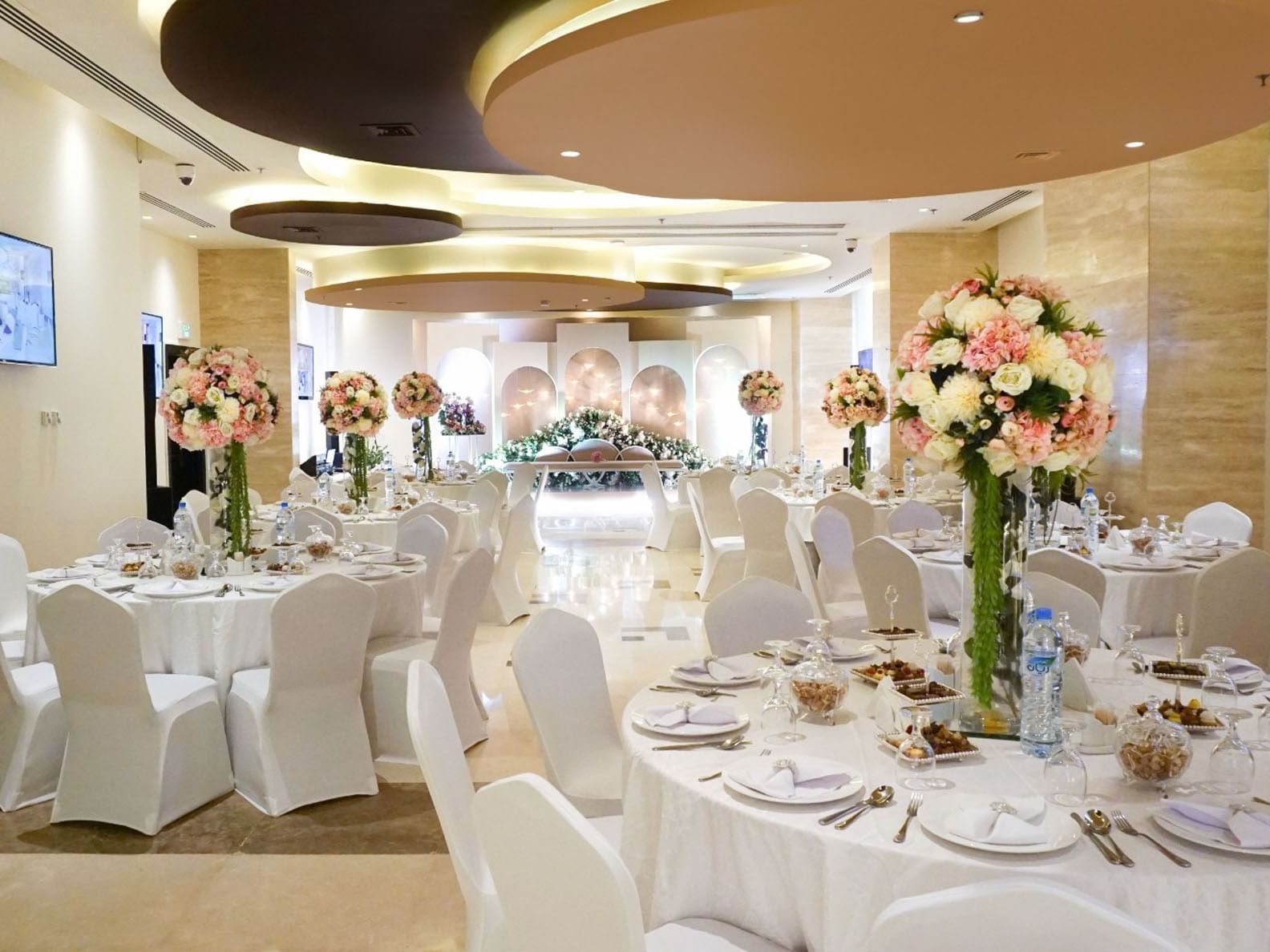 Decorated banquet table setup at The Royal Riviera Hotel