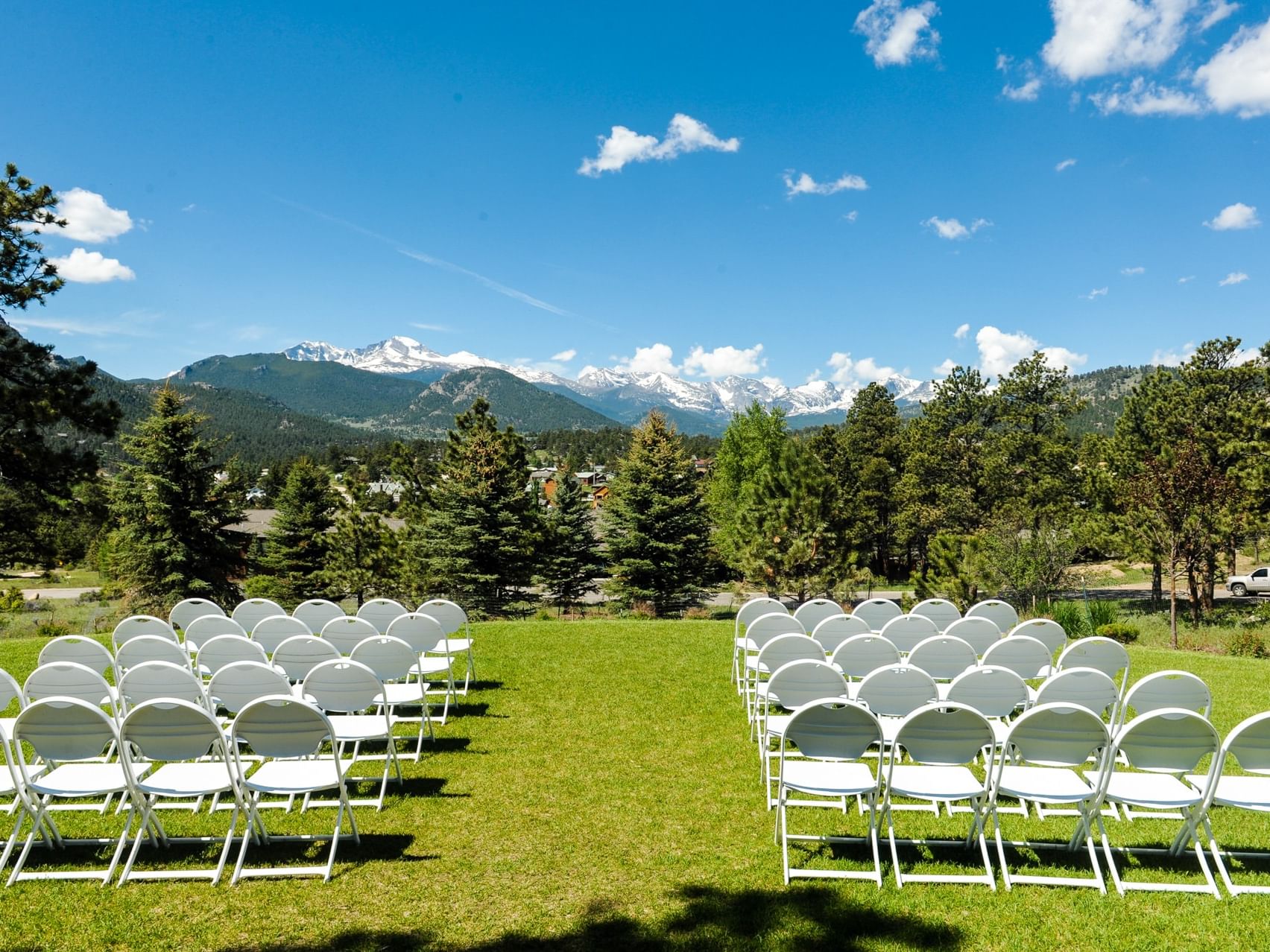 Longs Peak Lawn - chair setup at The Stanley's outdoor venue space. No guests.
