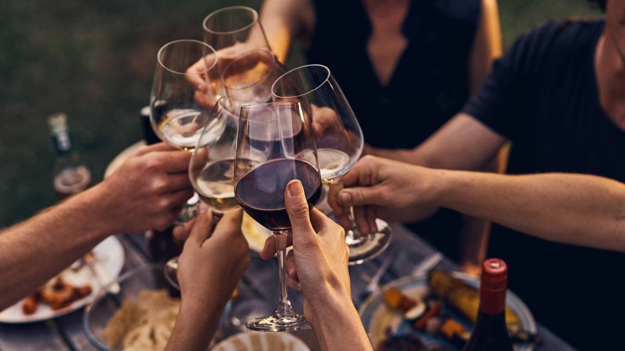 A group of people clinking wine glasses together over a table with food.