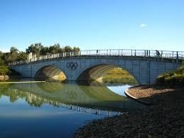A bridge with Olympic rings at the Sydney International Regatta Centre.
