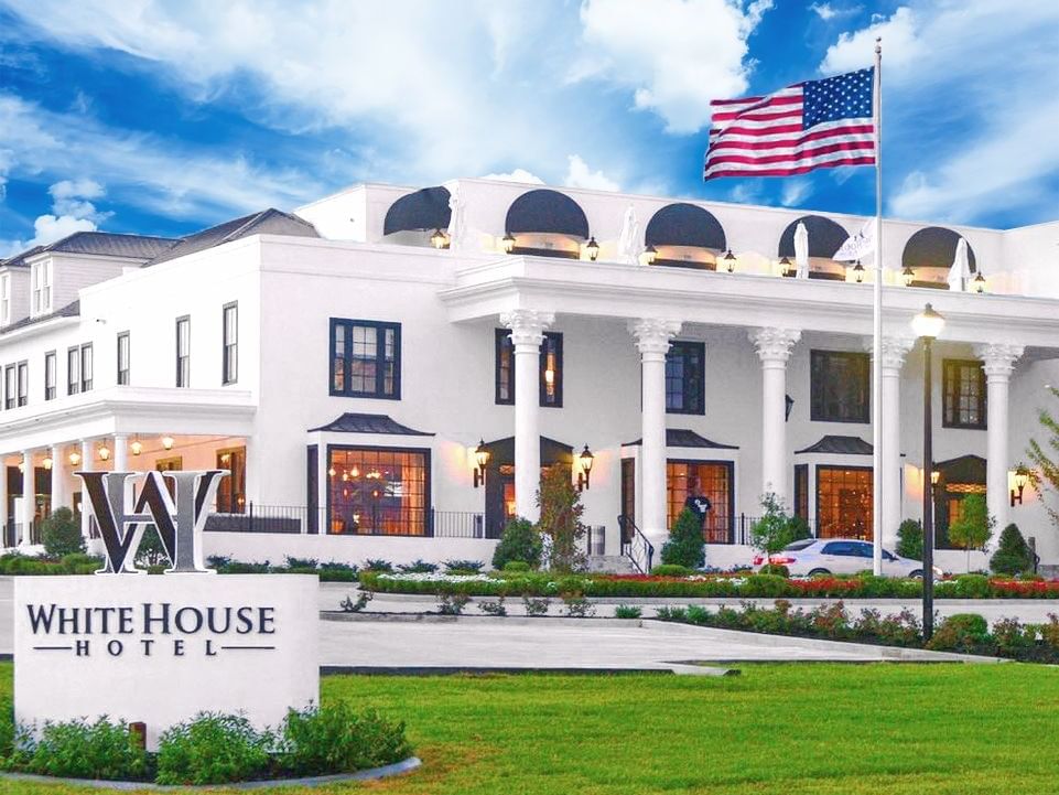 Exterior of the historic White House Hotel, a local landmark located near Margaritaville Resort Biloxi