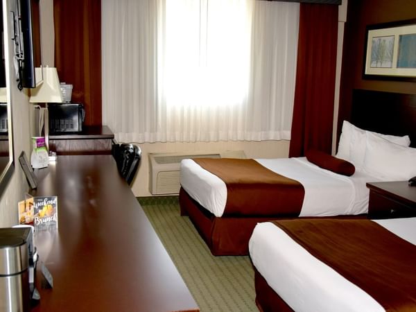 Two beds with white and brown sheets, desk, TV, and window with curtains in a hotel room.