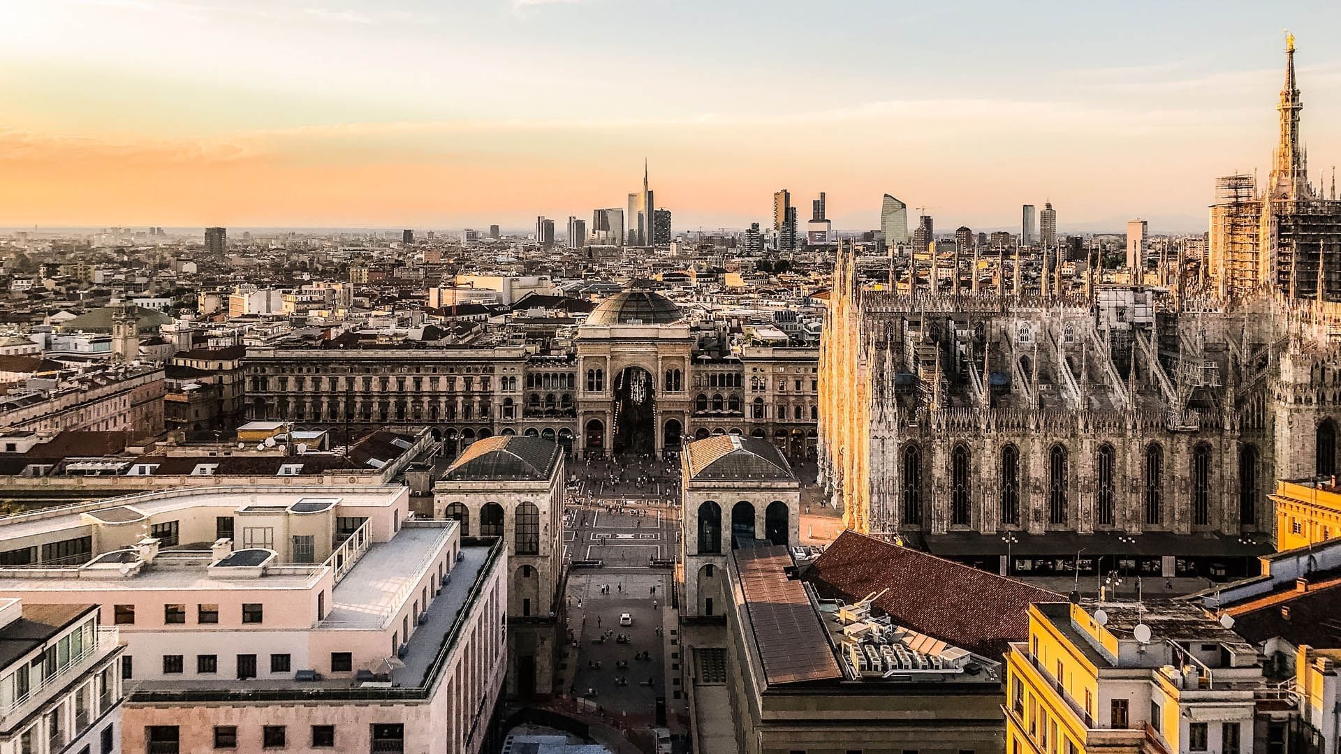 Aerial view of Milano City & Duomo di Milano Catholic church near Palazzo Parigi