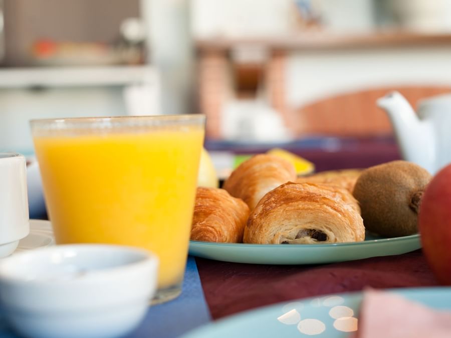 Closeup of a breakfast meal served on a table at Hotel Corinna