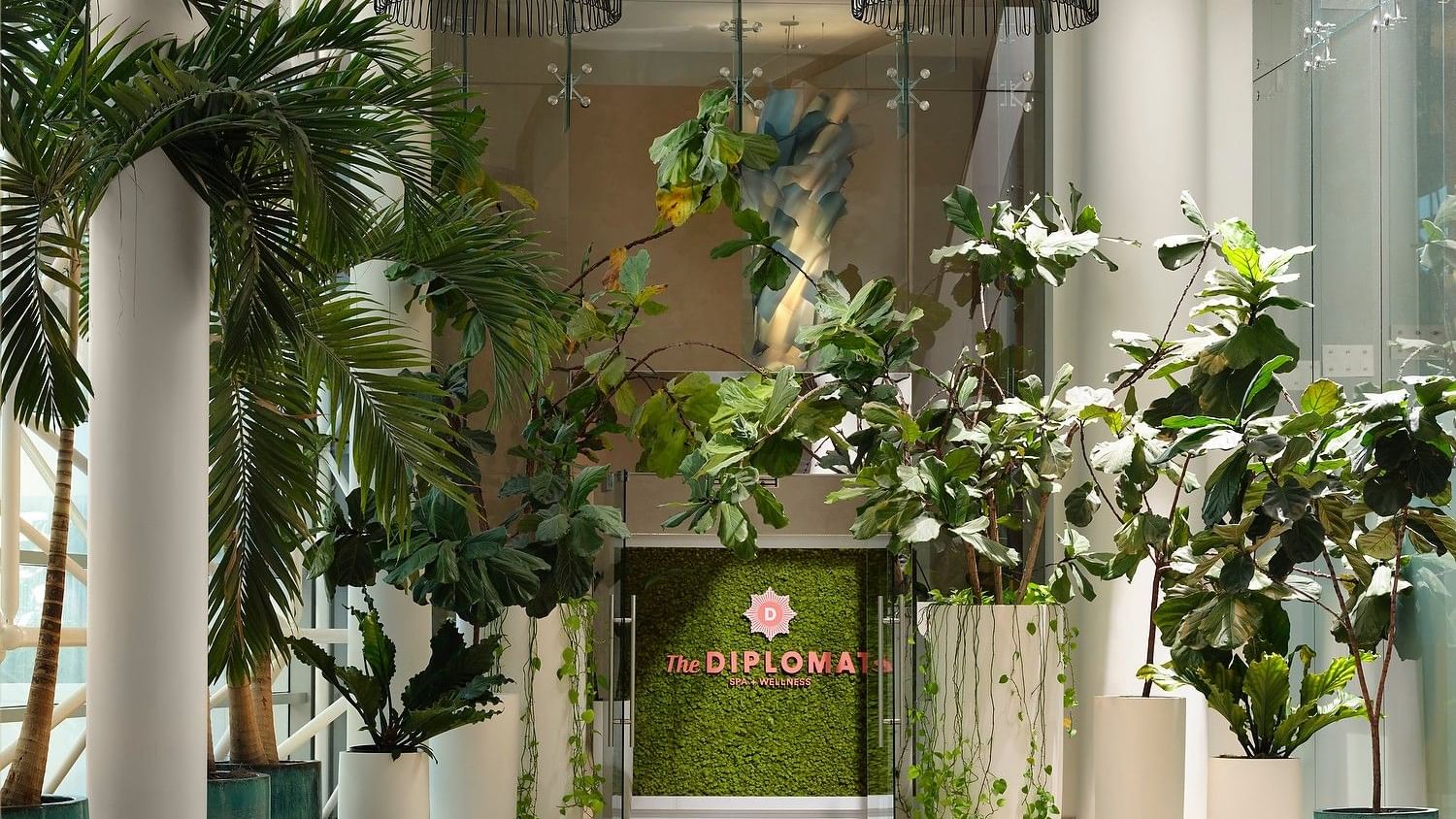 Elegant spa reception area with natural textures and warm lighting.