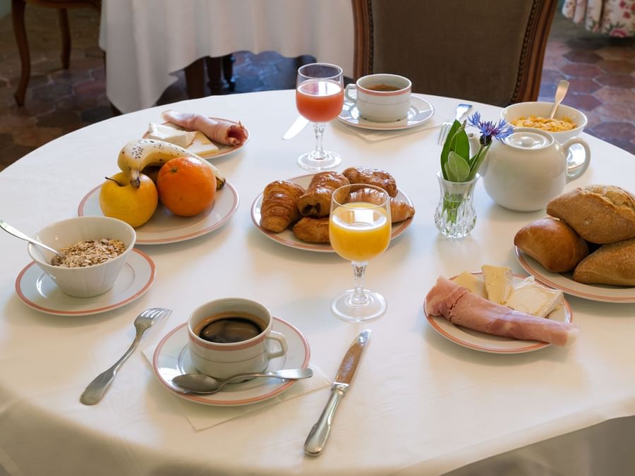 Closeup of a breakfast meal served at Chateau du Landel