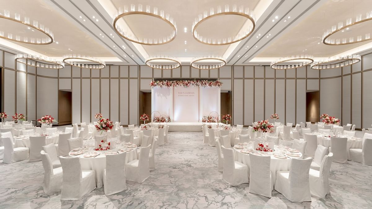 Banquet-style table arrangement in The Fullerton Ballroom at Ocean Park Hotel Hong Kong