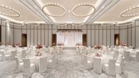 Banquet-style table arrangement in The Fullerton Ballroom at Ocean Park Hotel Hong Kong