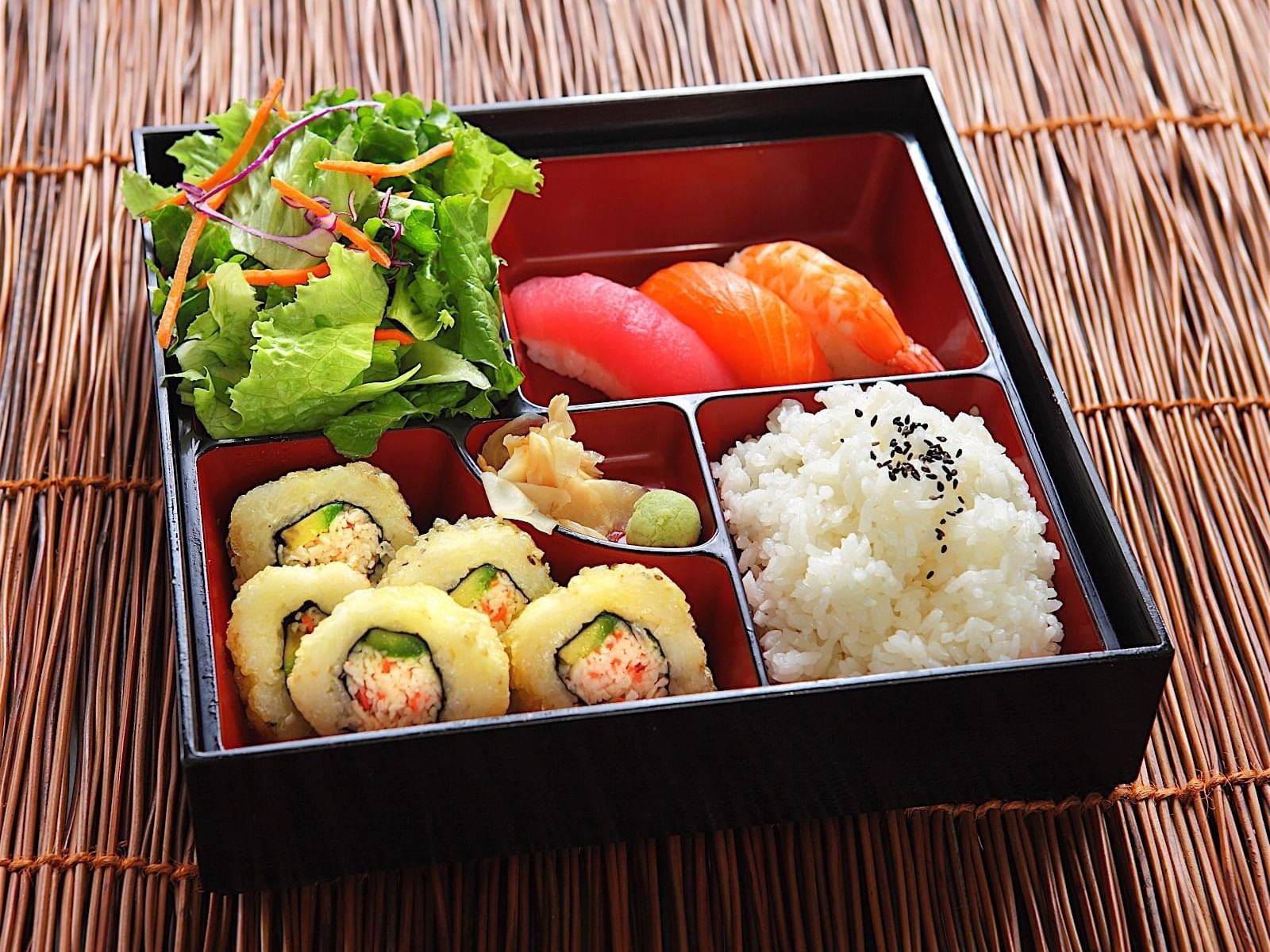 Closeup of Sushi bento served in a restaurant at Accra Hotels