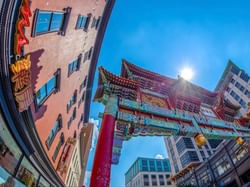 Chinatown buildings & an arch near Kellogg Conference Center