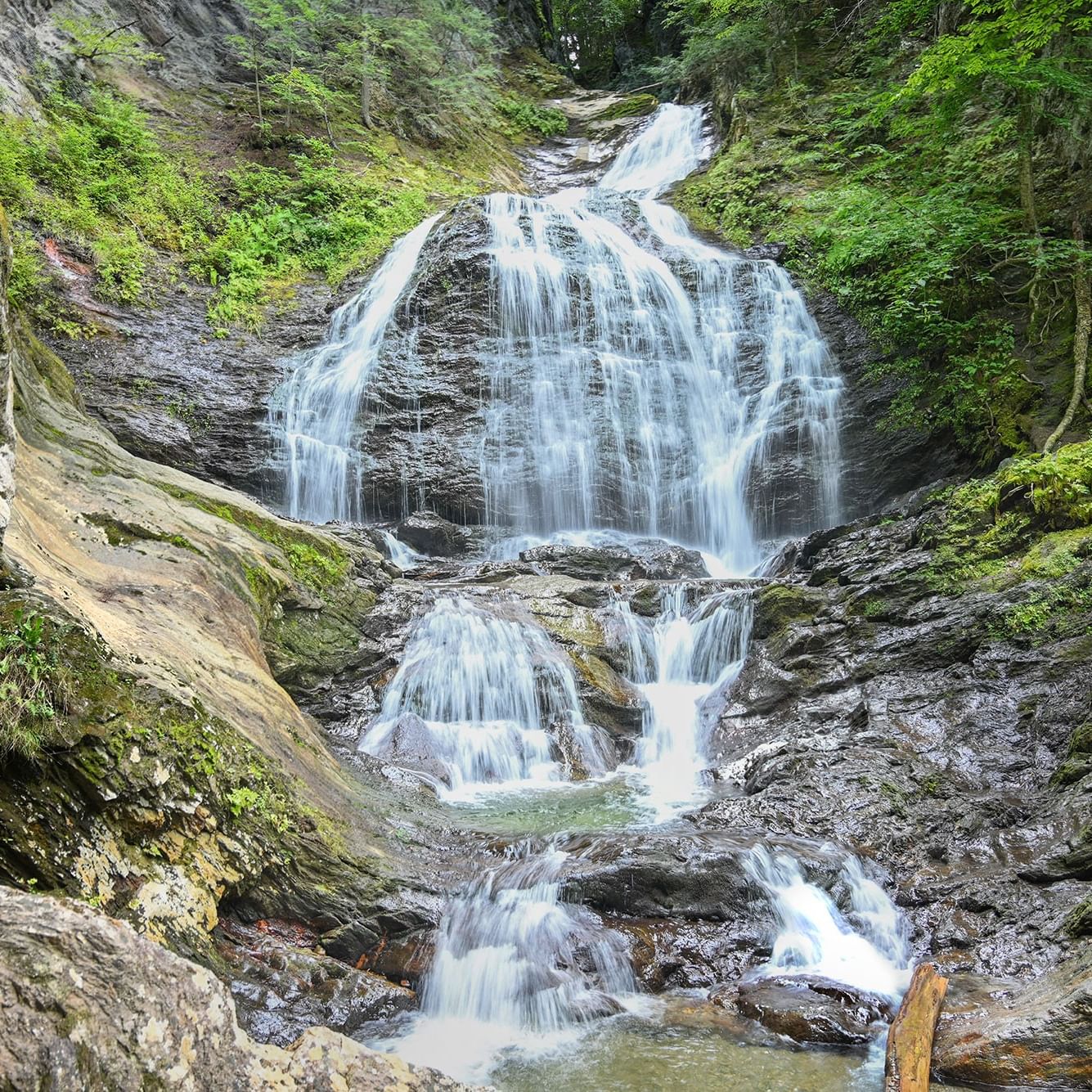 A multi-tiered waterfall cascades over rocks and mossy cliffs into a pool below, surrounded by lush greenery.