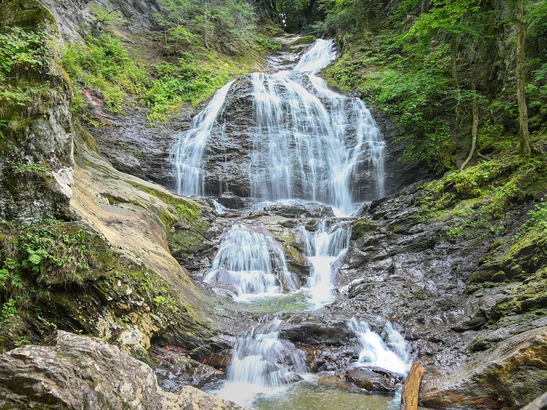 A multi-tiered waterfall cascades over rocks and mossy cliffs into a pool below, surrounded by lush greenery.