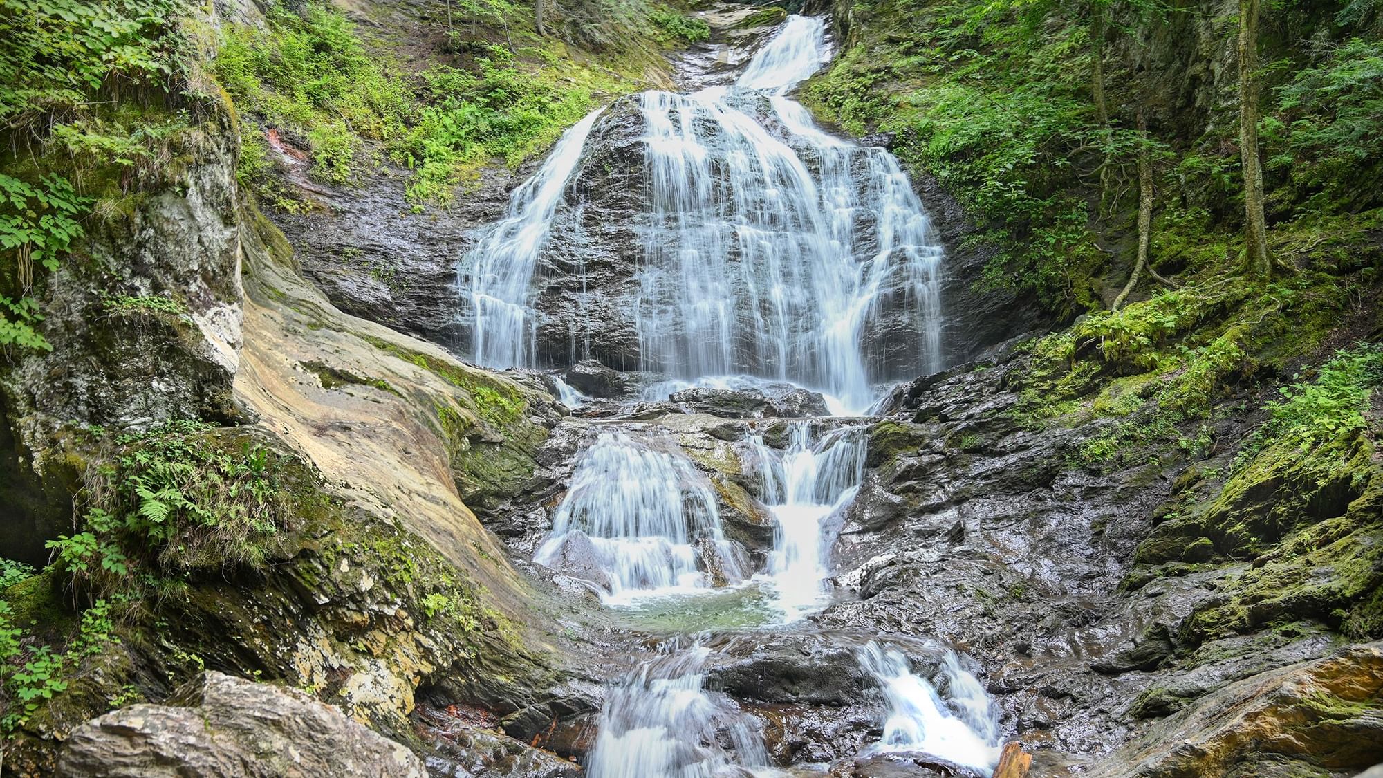 A multi-tiered waterfall cascades over rocks and mossy cliffs into a pool below, surrounded by lush greenery.