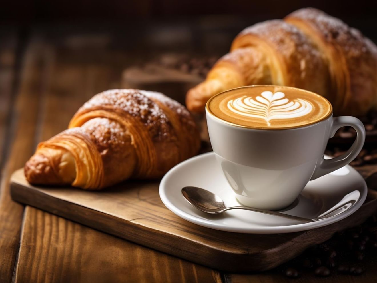 Close-up of coffee and croissants on a wooden table at Hotel Maya Kuala Lumpur City Centre