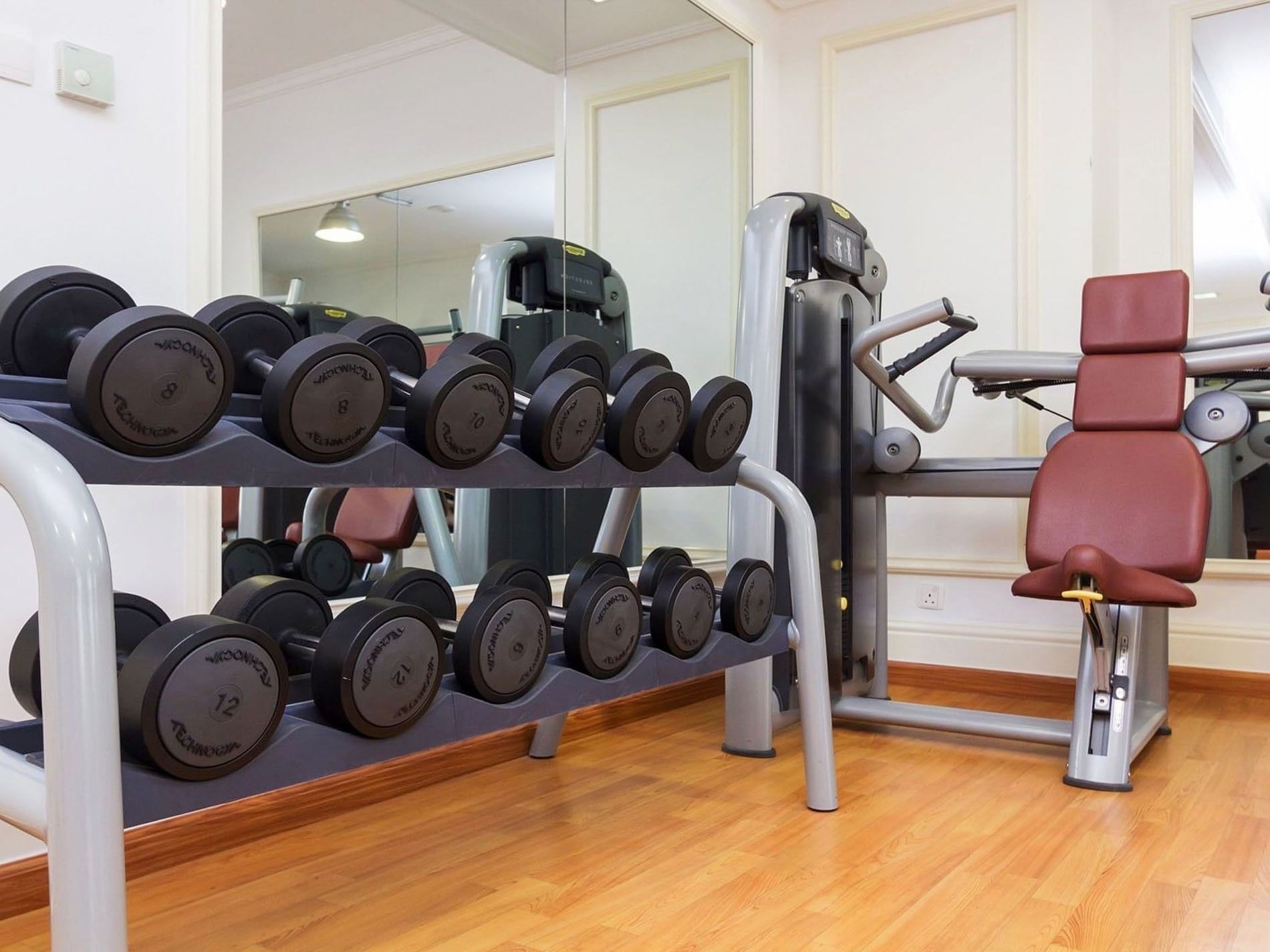 Modern gym with dumbbells, weight machine, and red chair at Warwick Doha