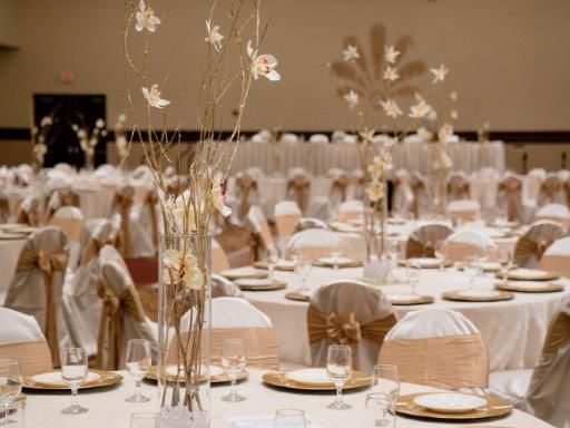 Banquet tables in Parthenon Ballroom at Alexis Park Resort