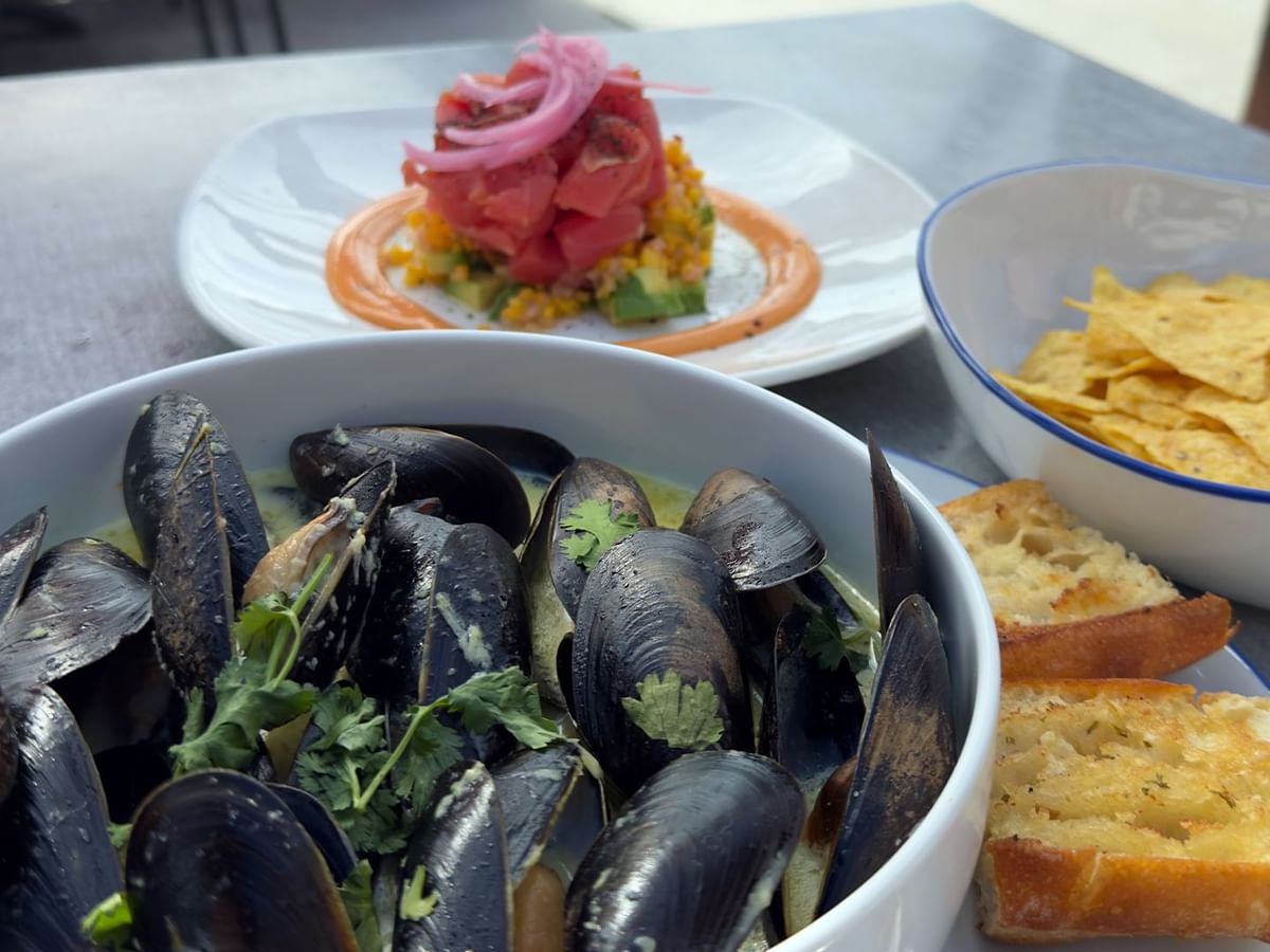 A bowl of mussels, a plate of sliced bread, a bowl of chips, and a plate of salad.