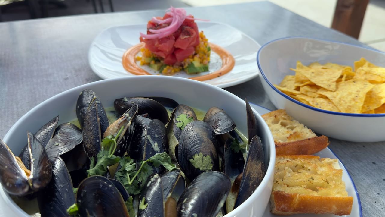 A bowl of mussels, a plate of sliced bread, a bowl of chips, and a plate of salad.
