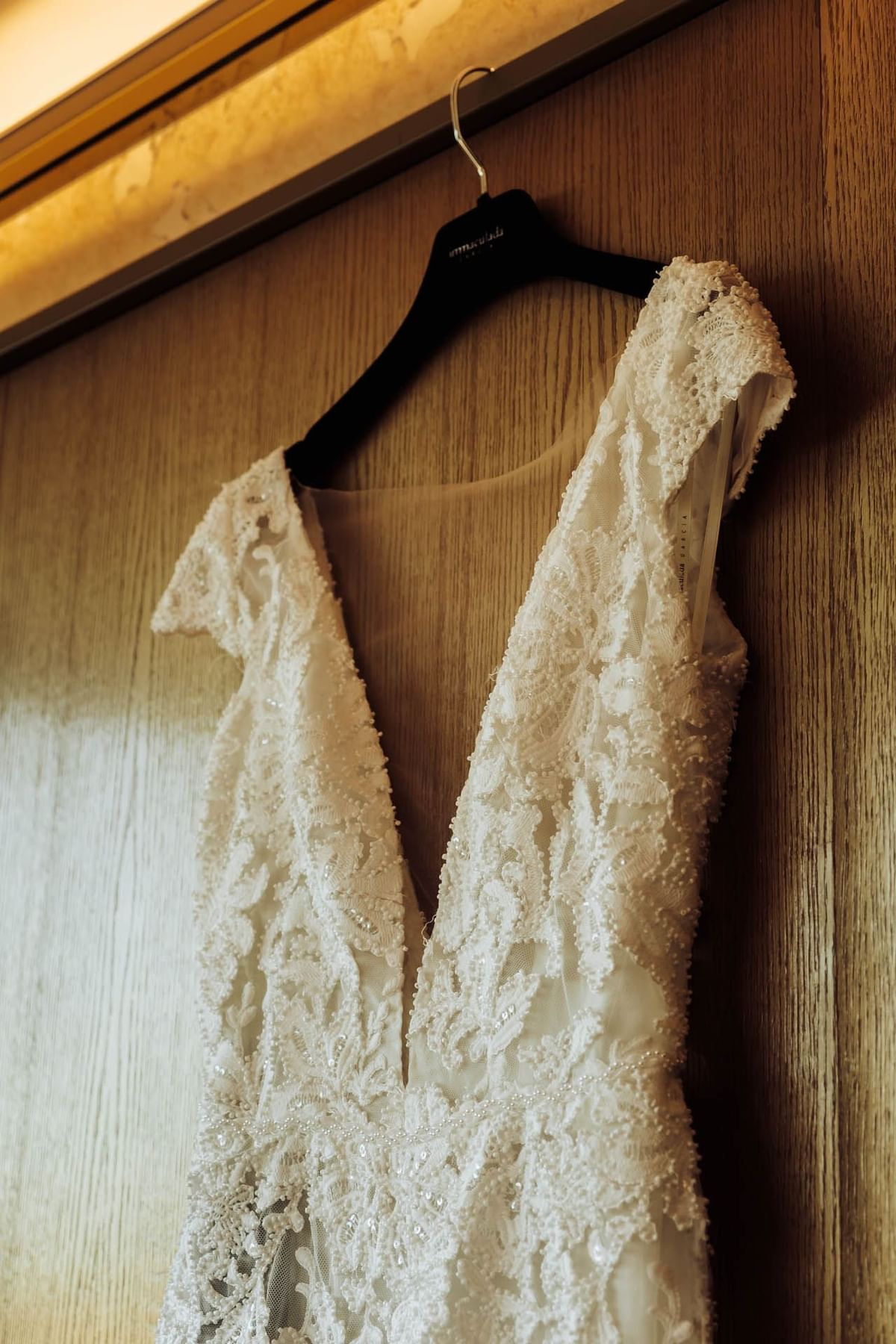 Closeup photo of a wedding dress at Almanac Barcelona