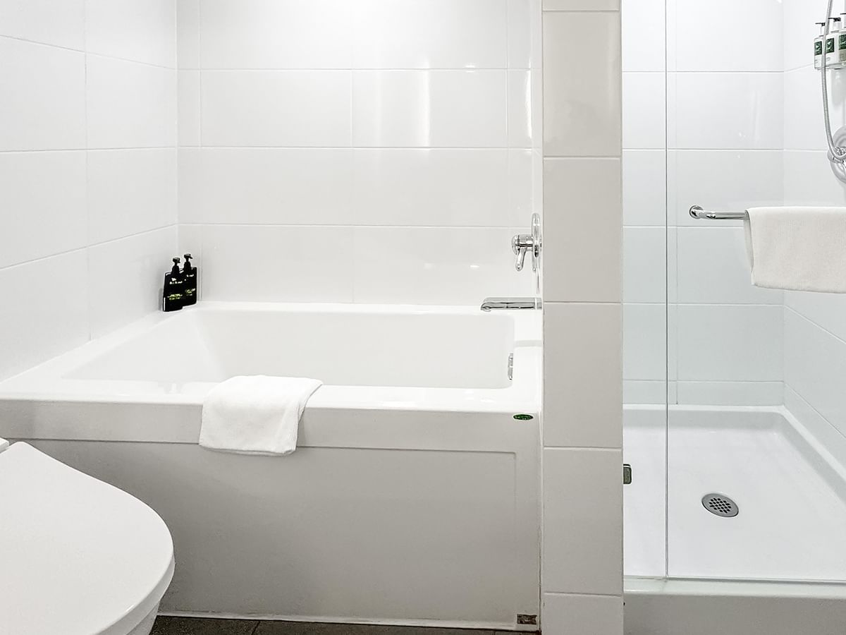 Modern bathroom with bathtub and walk-in shower.