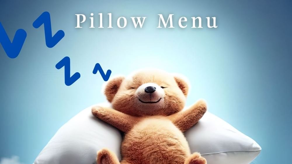 Pillow Menu banner of a teddy bear lying on a pillow used at Sunway Velocity Hotel