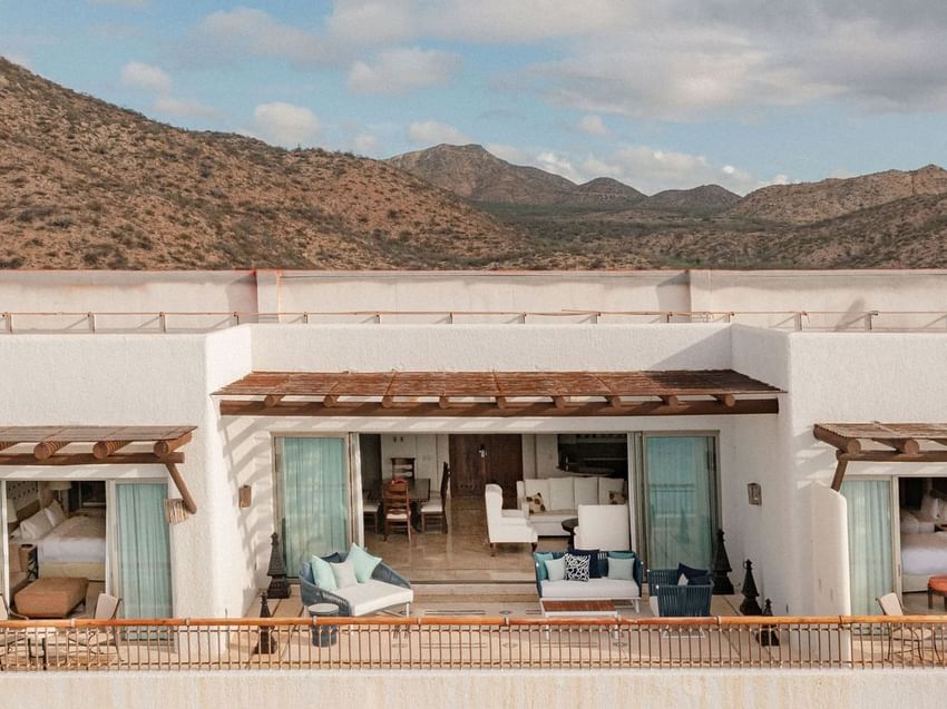Drone view of the spacious balcony area in Marquis Presidential Suite at Marquis Los Cabos Resort