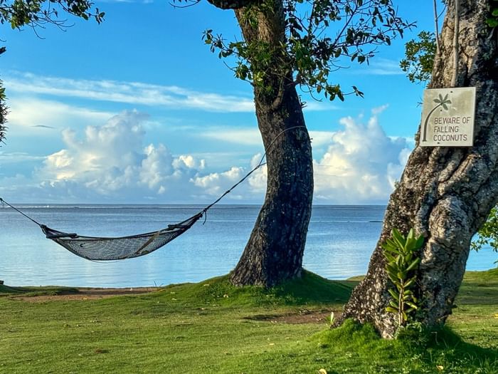 Hammock tied between two trees with a warning sign of falling coconuts near the ocean at Naviti Resort Fiji Coral Coast