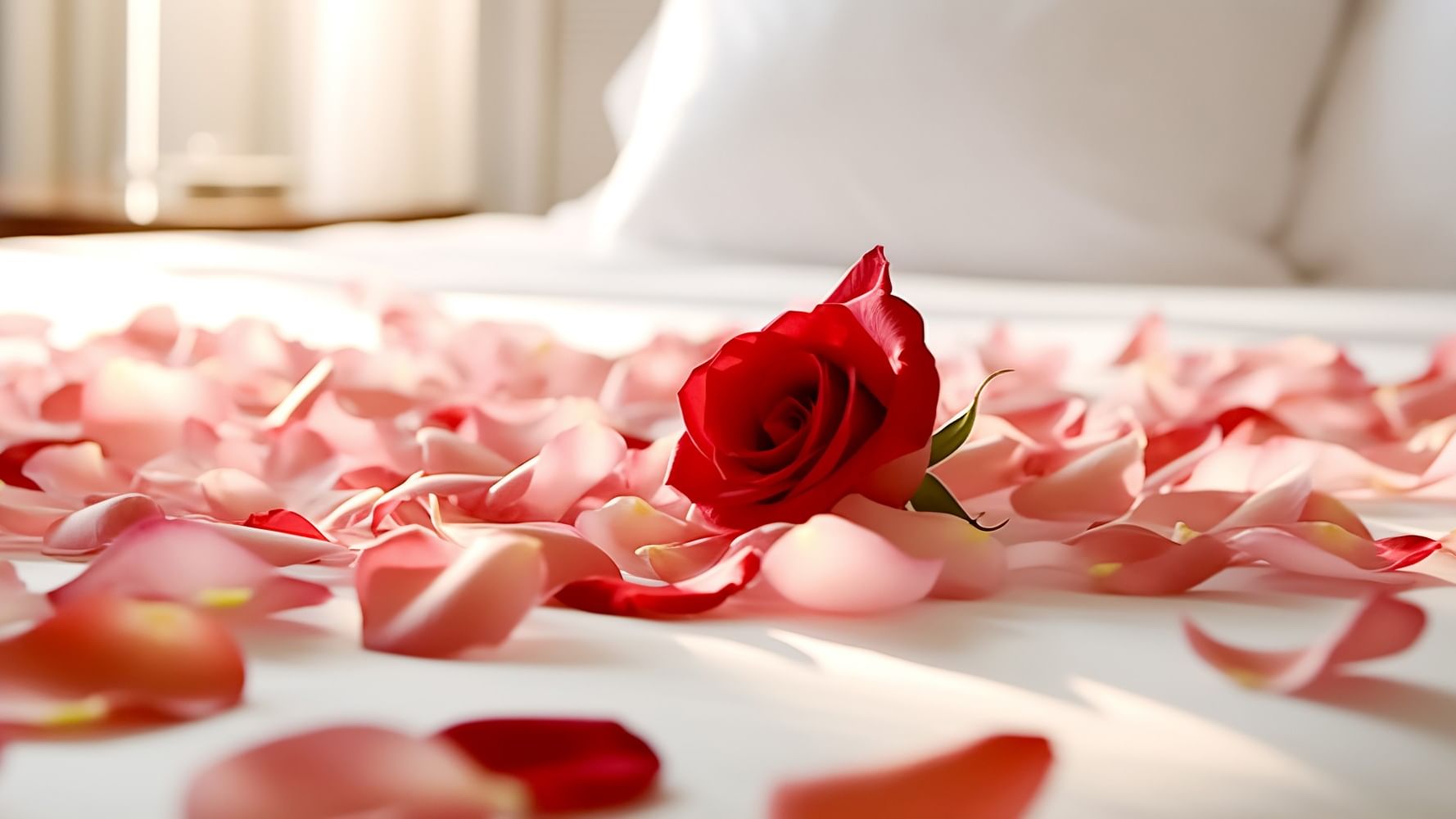 Red rose and petals on a bed showcasing Romance In Bloom offer.