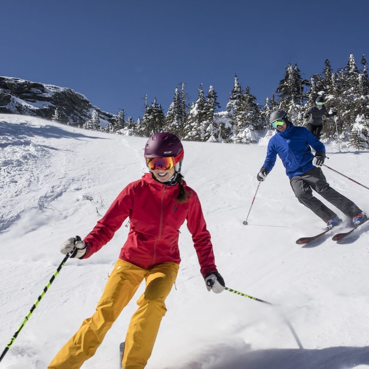 Skiers in motion on a snowy slope with evergreen trees in the background.