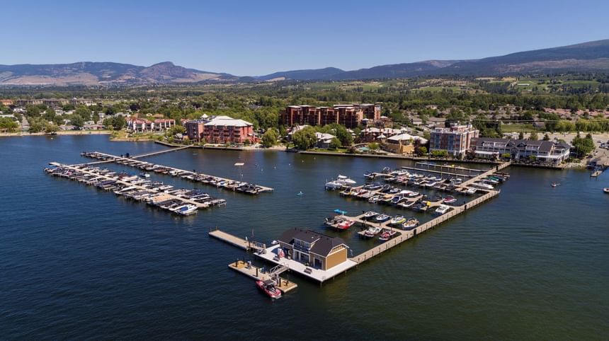 Aerial view of Hotel Eldorado and boats stationed on the dock
