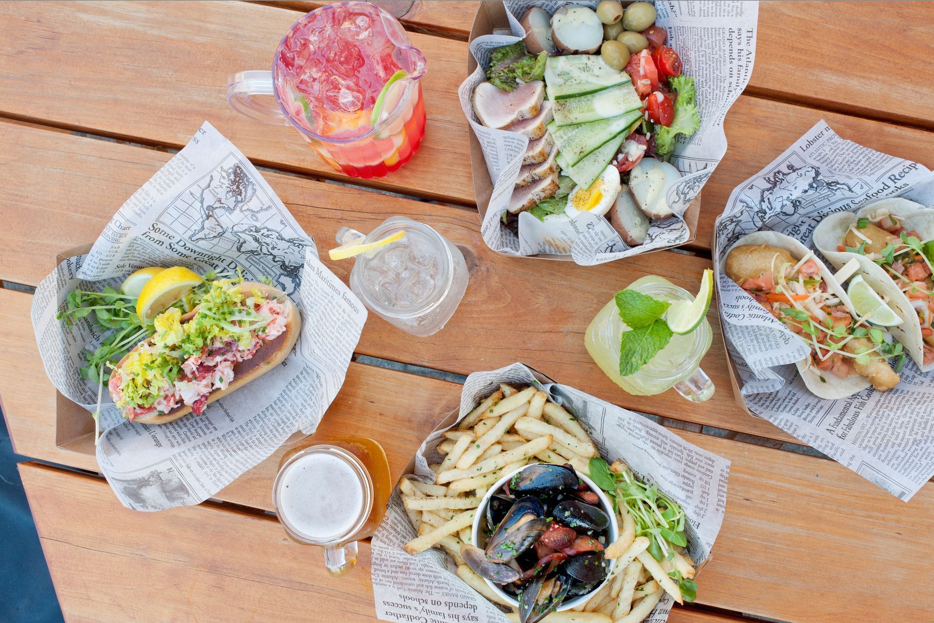 Lobster rolls, clams and fries, and fish tacos