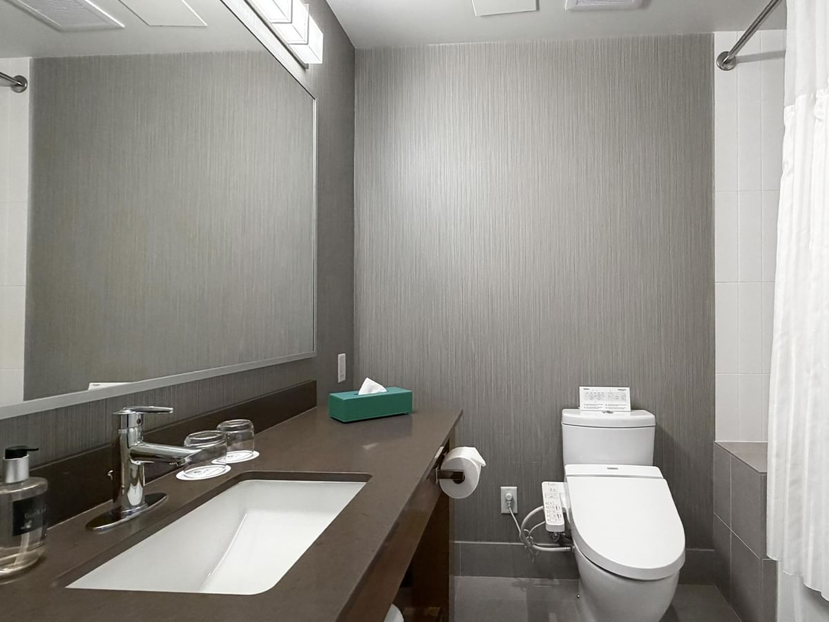 Modern hotel bathroom with a sink, toilet, and shower