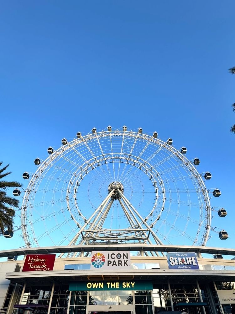 A large white observation wheel rises against a blue sky over a storefront with signs that read Icon Park, Sea Life Aquarium, and Madame Tussauds. 