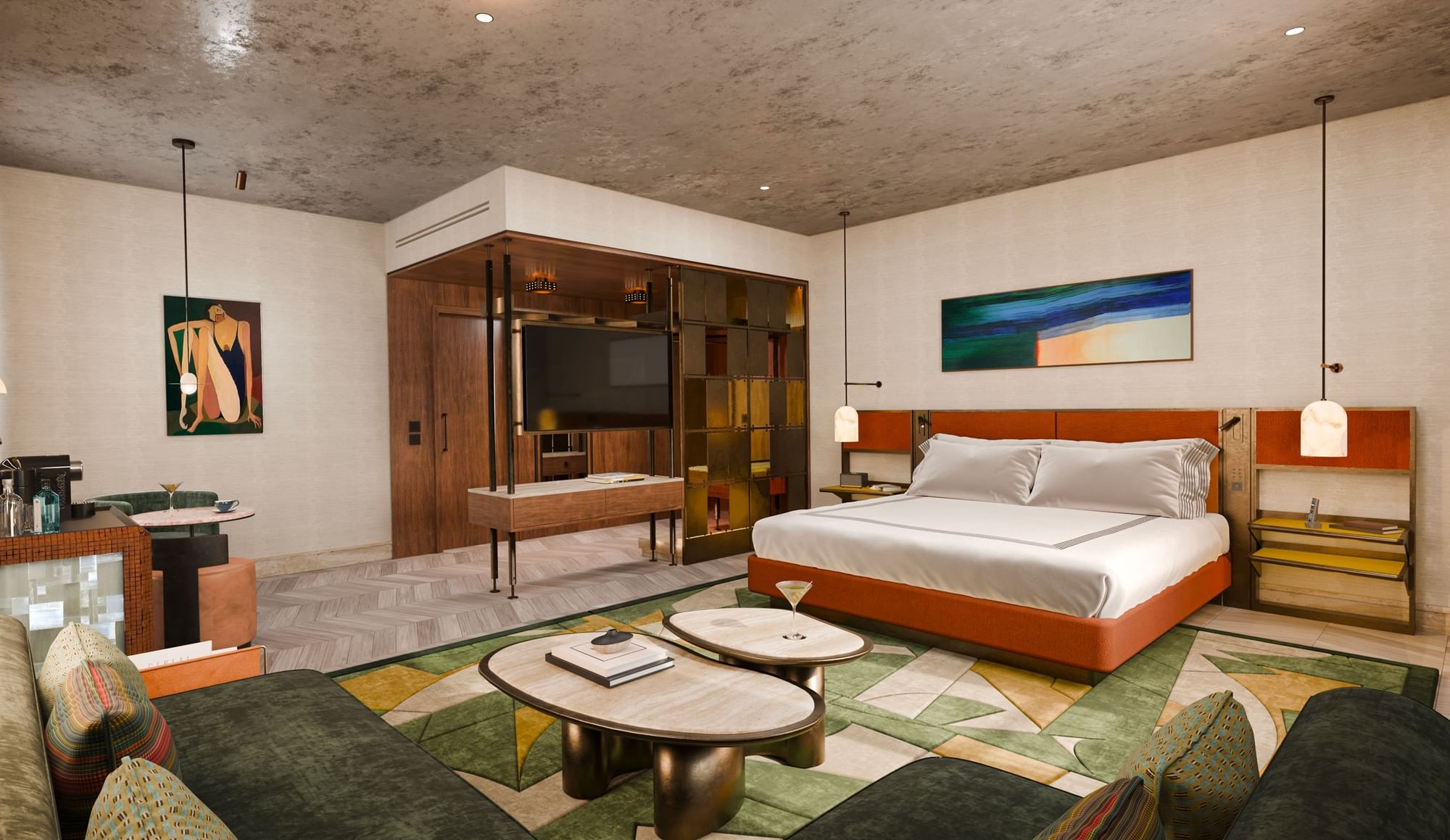 King bed facing a sofa & marble tables beside TV on wood stand in 1 King Bed Junior Suite with Terrace at Thompson Rome
