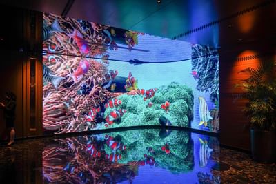 Hallway with a large screen displaying colorful graphics at One World Hotel