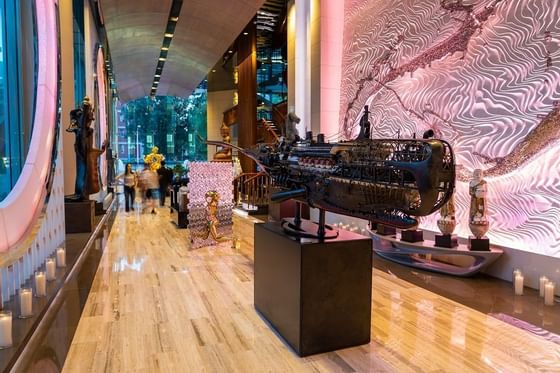 Close-up of replica of ship in the lobby of Hotel Éclat Beijing